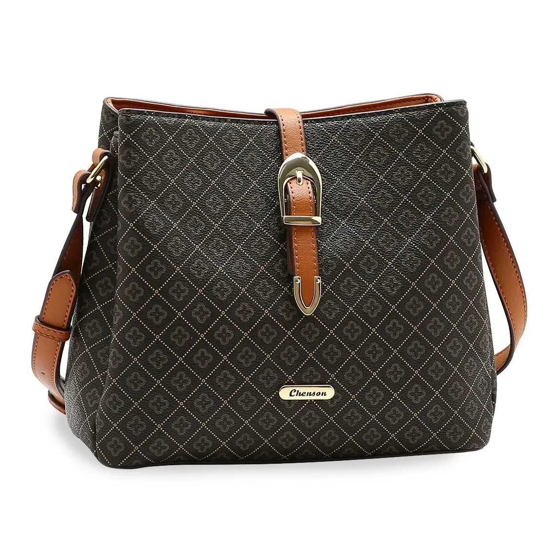 Bolsa feminina transversal Chenson com estampa monograma em tom café, vista frontal com detalhes em marrom claro e fecho dourado